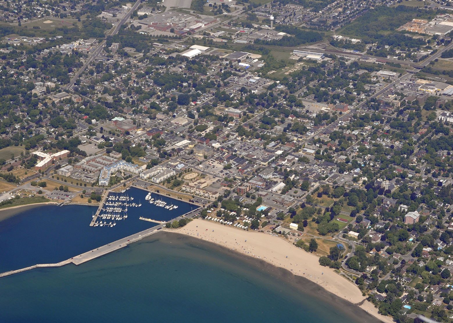 aerial view of city scape including beach and harbour area, Cobourg Ontario Canada